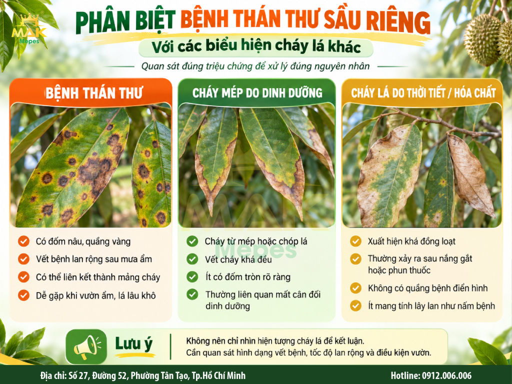 Phân biệt dấu hiệu bệnh thán thư sầu riêng với các biểu hiện cháy lá khác